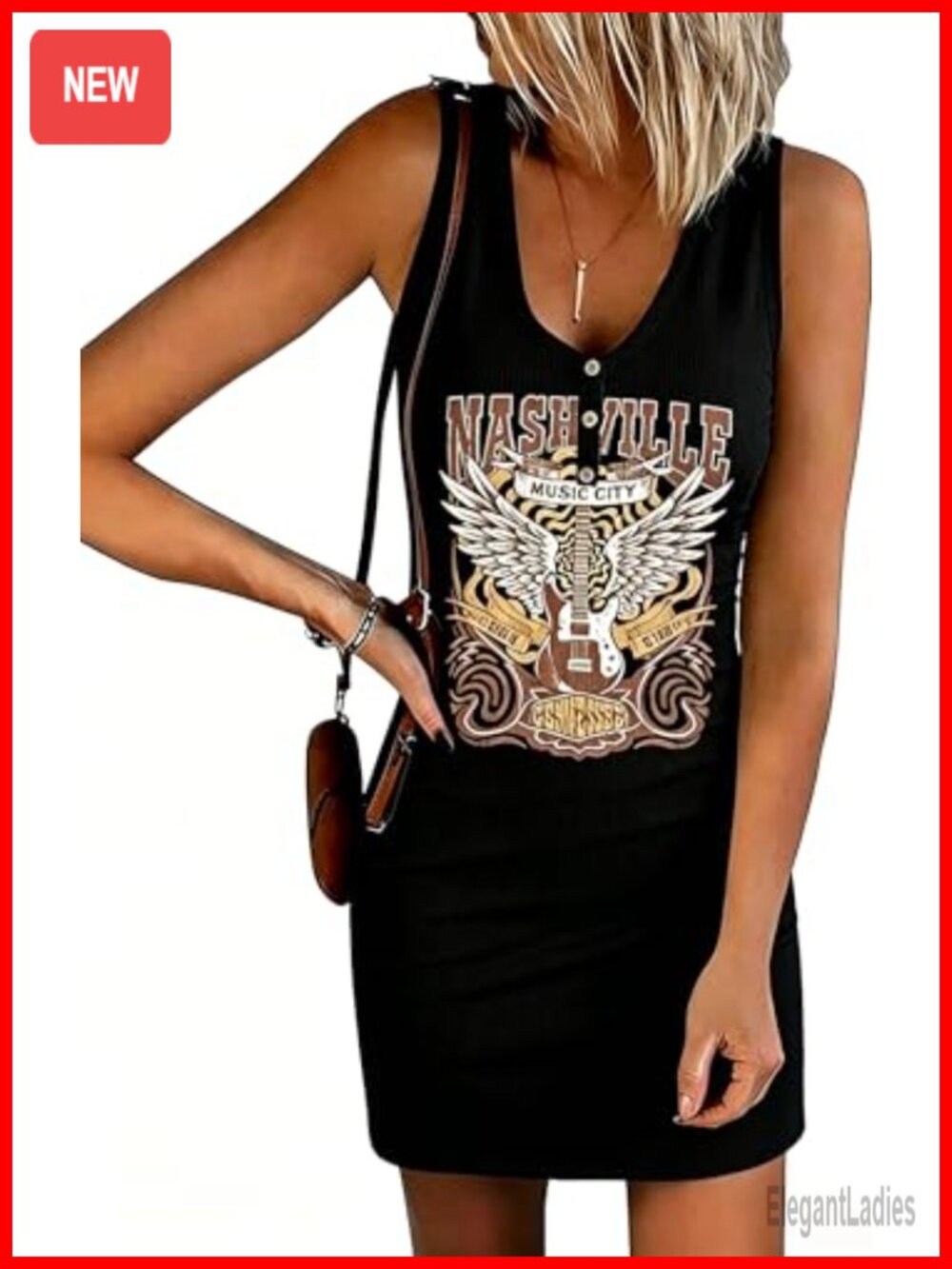 Ribbed Knit Tank Mini Dress Nashville Music City Graphic V Neck Sleeveless